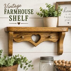 Vintage Wooden Wall Shelf w/ Peg Hooks Heart Cutout Rustic Farmhouse Decor